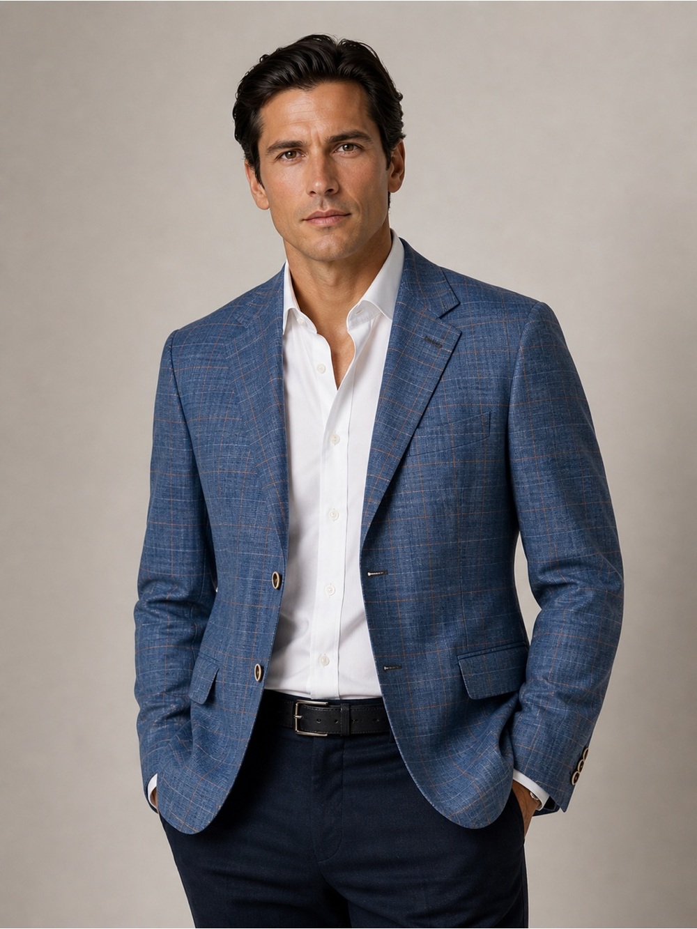 Pal Zileri Italy blazer blue beige tan plaid 100% wool 3 button closure size 56